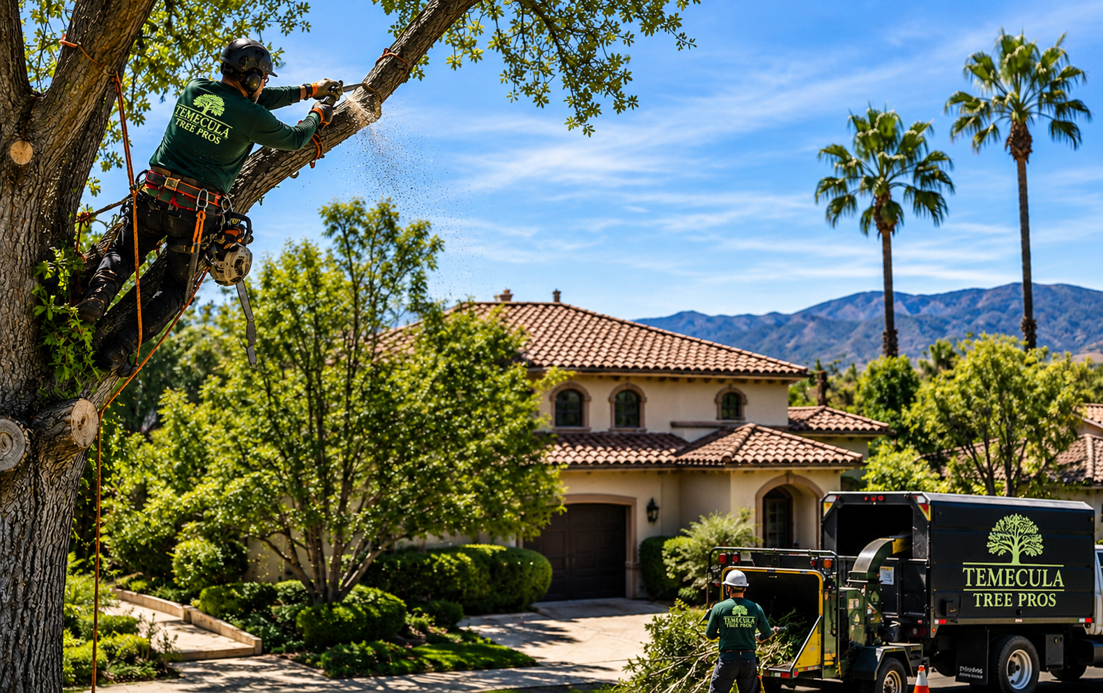 Temecula Tree Pros crew trimming trees in a Temecula neighborhood